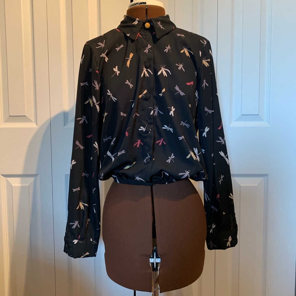 Black vintage blouse with fireflies pattern